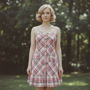 Vintage cute Y2K pink and brown plaid sweetheart midi dress with ruffles